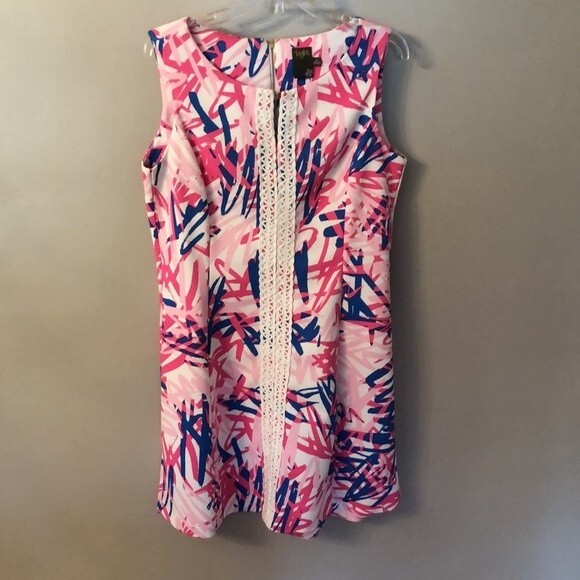 TAYLOR 12 SLEEVELESS WHITE PINK BLUE ABSTRACT PRINT MINI DRESS EMBROIDERED - Picture 3 of 9